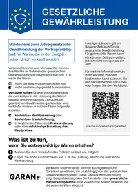 EU-Gewährleistungslabel: Gesetzliche Mängelhaftung von mindestens 2 Jahren.